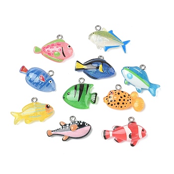 Resin Pendants, Fish, with Platinum Iron Loop & Glitter Powder, Mixed Color, 15~20x21~21.5x6~7.5mm, Hole: 2mm