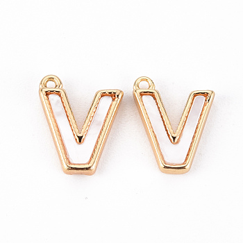 Brass Charms, with Shell, Real 18K Gold Plated, Nickel Free, Letter.V, 10.5x9x2mm, Hole: 0.9mm
