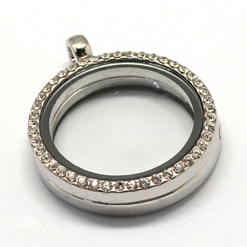 Flat Round Alloy Glass Magnetic Locket Pendants, Photo Frame Living Memory Floating Charms, with Rhinestones, Platinum, 36.2x29.5x7mm, Hole: 3.5mm, Inner Measure: 22.2mm