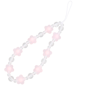 Plastic Beaded Mobile Phone Lanyard Wrist Strap, Flower Charm Phone Anti-Lost Chain for Women Girls, Pink, 20cm