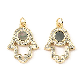 Brass Cubic Zirconia with Shell Pendants, Long-Lasting Plated, Lead Free & Cadmium Free, Hamsa Hand, Real 18K Gold Plated, 22x16.5x3mm