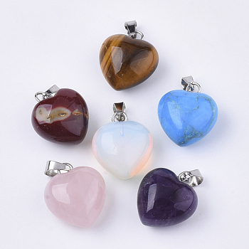 Natural & Synthetic Mixed Gemstone Pendants, with Stainless Steel Snap On Bails, Heart, Stainless Steel Color, 17~18x15x10~11mm, Hole: 3x5.5mm