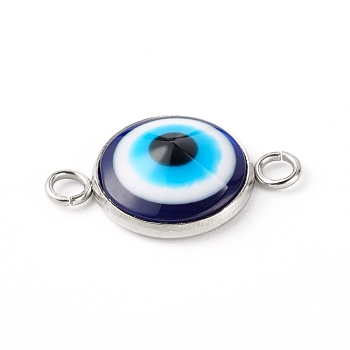 Resin Evil Eye Links Connectors, with 304 Stainless Steel Settings, Stainless Steel Color, 13.5x21x4.5mm, Hole: 2.3mm