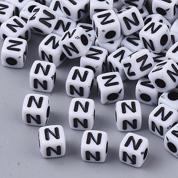 White Opaque Acrylic Beads, Horizontal Hole, Cube with Black Alphabet, Letter.N, 4~5x4~5x4~5mm, Hole: 1.8mm, about 240pcs/20g