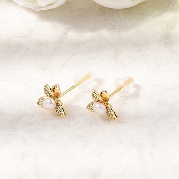 Brass Micro Pave Cubic Zirconia Stud Earrings, Flower, with Pearl, Golden, 8x9.5mm