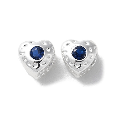 925 Sterling Silver Plated Dark Blue Heart Brass+Cubic Zirconia Beads