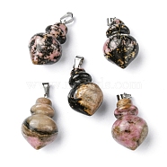 Natural Rhodonite Pendants, Pointed Bottle Charms, with Platinum Plated Iron Snap on Bails, 32.5~35x16~17mm, Hole: 3x5.5mm(G-G998-C04)