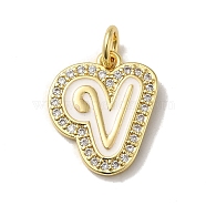Brass Micro Pave Cubic Zirconia Pendants, with Jump Rings, Real 18K Gold Plated, Letter V, 18x15x2mm, Hole: 3.8mm(KK-K354-02G-V)