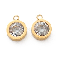 304 Stainless Steel Rhinestone Charms, Flat Round, Crystal, Golden, 12x9x4mm, Hole: 1.8mm(STAS-Z009-16G)