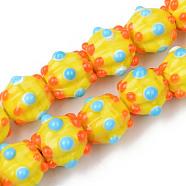 Handmade Lampwork Beads Strands, Bumpy, Corrugated Beads, Round, Yellow, 14x14x12mm, Hole: 1.5mm, about 45pcs/strand, 25.20 inch(64cm)(LAMP-N021-007H)