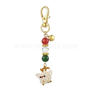 Christmas Santa Claus Handmade Glass Seed Beads Pendant Decorations, Round Natural & Dyed Malaysia Jade & Swivel Lobster Clasp Charms for Bag Ornaments, Deer, 90mm(HJEW-MZ00068-02)