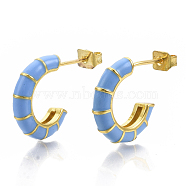 Brass Stud Earrings, Half Hoop Earrings, with Enamel and Earring Backs, Real 18K Gold Plated, Bamboo Shape, Deep Sky Blue, 21x16.5x3.5mm, Pin: 0.7mm(EJEW-S209-10B)