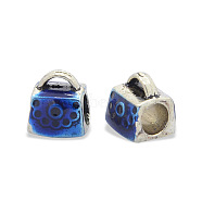 Antique Silver Tone Alloy Enamel European Beads, Large Hole Beads, Lady Bag, Blue, 10x9x8.5mm, Hole: 5mm(ENAM-J398-01AS)