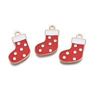 Christmas Alloy Enamel Pendants, Cadmium Free & Lead Free, Light Gold, Christmas Sock, Red, 21x15.5x1.5mm, Hole: 1.8mm(X-ENAM-Q442-63B)