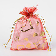 Heart Printed Organza Bags, Wedding Favor Bags, Favour Bag, Gift Bags, Rectangle, Red, 12x10cm(OP-R022-10x12-07)
