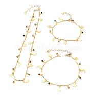 Brass Enamel Charm Bracelets, Anklets &  Necklaces Jewelry Sets, with Brass Chains, Lobster Claw Clasps and 304 Stainless Steel Charms, Star & Moon & Flower, Golden, Colorful, 15.35inch(39cm), 7-7/8 inch(20cm), 9-7/8 inch(25cm), 3pcs/set(SJEW-JS01132)