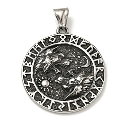 316 Surgical Stainless Steel Pendants, Flat Round, Antique Silver, Wolf, 54.5x38x7mm, Hole: 4x8mm(STAS-Z073-73AS-01)