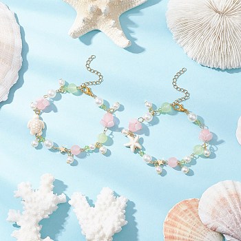 2Pcs 2 Colors Synthetic Turquoise Beads Charm Bracelets, Turtle & Starfish, with Imitation Jade Glass & ABS Plastic Imitation Pearl Round Beads, 7~7-3/8  inch(17.9~18.65cm)