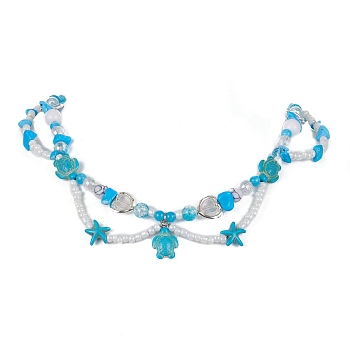 Synthetic Turquoise Tortoise & Starfish Pendant Necklace, with Synthetic Howlite Chips & Acrylic Pearl Beaded Chains, Turquoise, 17.72 inch(45cm)