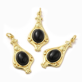 Natural Black Agate Pendants, Teardrop Charms with Rack Plating Platinum Tone Brass Findings, Cadmium Free & Lead Free, 30x14.5x5.7mm, Hole: 2.7mm