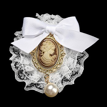Romantic Classic Polyester Lace Bowknot Brooch for Women, with Iron Pin & Plastic Imitation Pearl, Oval, Blanched Almond, 69.5~71.5x64~70x24~26.5mm
