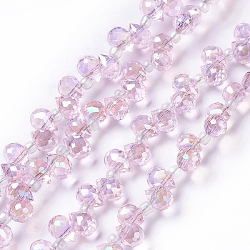Transparent Glass Beads Strands, Top Drilled, Faceted, Teardrop, Pearl Pink, 7x5mm, Hole: 0.9mm, about 99pcs/strand, 21.26~21.65''(54~55cm)