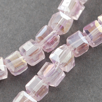 Electroplate Glass Beads Strands, AB Color Plated, Faceted, Cube, Pearl Pink, 6x6x6mm, Hole: 1mm, about 100pcs/strand, 22 inch