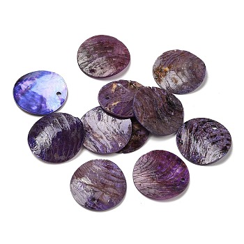 Spray Painted Natural Akoya Shell Pendants, Mother of Shell, Flat Round Charms, Dark Violet, 20.5x1~3mm, Hole: 1.5mm