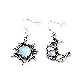 Resin Beaded Moon and Sun Asymmetrical Earrings, Alloy Dangle Earrings for Women, Light Sky Blue, 40.5~45mm, Pin: 0.6mm