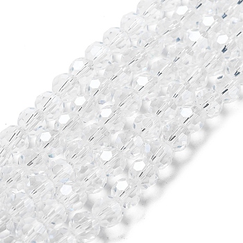 Electroplate Transparent Glass Beads Strands, Faceted(32 Facets), Round, Pearl Luster Plated, Clear, 8mm, Hole: 1mm, about 66~69pcs/strand, 19.29~19.57 inch(49~49.7cm)
