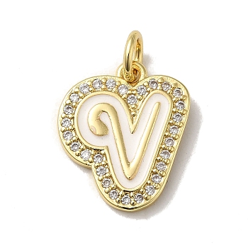 Brass Micro Pave Cubic Zirconia Pendants, with Jump Rings, Real 18K Gold Plated, Letter V, 18x15x2mm, Hole: 3.8mm