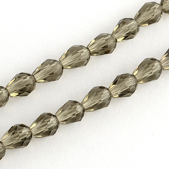Glass Beads Strands, Crystal Suncatcher, Faceted, teardrop, Dark Gray, about 7.5~8mm long, 6mm thick, hole: 1.5mm, about 69pcs/strand