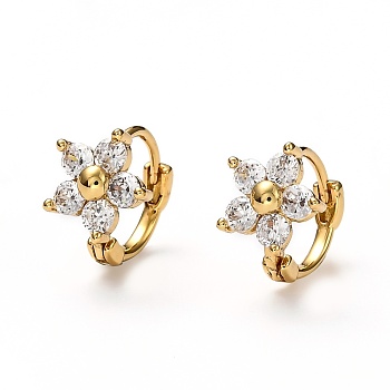 Brass Micro Pave Clear Cubic Zirconia Huggie Hoop Earrings, Ring with Flower, Real 18K Gold Plated, 10x2mm, Pin: 1mm