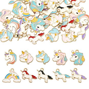 40Pcs 10 Style Alloy Enamel Pendants, Unicorn, Light Gold, Colorful, 4pcs/style