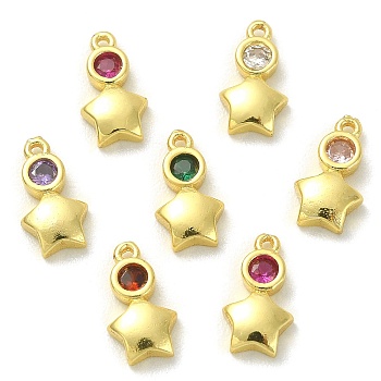 30Pcs Brass Micro Pave Cubic Zirconia Pendants, Real 18K Gold Plated, Star, Golden, 10x5.5x2mm, Hole: 0.8mm