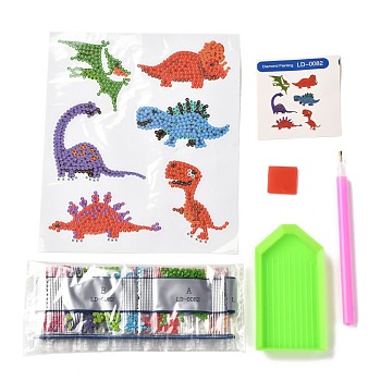DIY Dinosaur Diamond Painting Stickers Kits For Kids, with Diamond Painting Stickers, Rhinestones, Diamond Sticky Pen, Tray Plate and Glue Clay, Mixed Color, 16.8x14x0.03cm