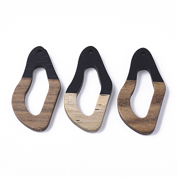 Resin & Walnut Wood Pendants, Twisted Oval, Black, 38x19.5x4mm, Hole: 2mm