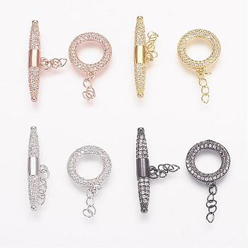 Brass Micro Pave Cubic Zirconia Ring Toggle Clasps, Mixed Color, Ring: 15x13x2mm, Bar: 6x27x4mm.