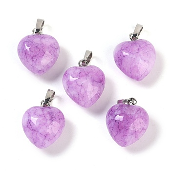 Dyed Natural Jade Pendants, Heart Charms with Brass Snap on Bails, Platinum, 18x15.5x10mm, Hole: 5x3mm