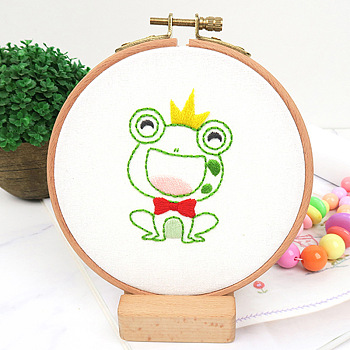 DIY Display Decoration Embroidery Kit, including Embroidery Needles & Thread & Fabric, Plastic Embroidery Hoop, Frog Pattern, 80x50mm