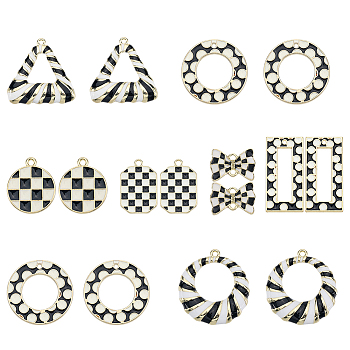 14Pcs 7 Styles Alloy Enamel Pendants, Golden, Tartan & Polka Dots Pattern, Mixed Shapes, 11.5~34.5x14~30x1.5~4mm, Hole: 1.2~1.8mm, 2pcs/style
