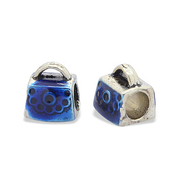 Antique Silver Tone Alloy Enamel European Beads, Large Hole Beads, Lady Bag, Blue, 10x9x8.5mm, Hole: 5mm