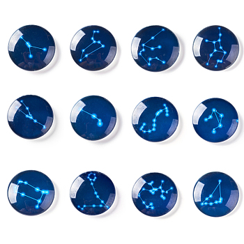 Glass Cabochons, Dome/Half Round with Twelve Constellations, Marine Blue, 25x6mm
