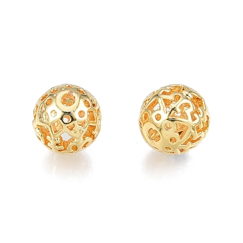 Brass Beads, Nickel Free, Round with Flower, Real 18K Gold Plated, 8mm, Hole: 1.4mm