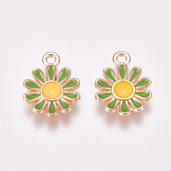 Golden Plated Alloy Enamel Charms, Daisy, Green, 15x11.5x2mm, Hole: 1.4mm