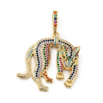 Rack Plating Brass Micro Pave Cubic Zirconia Pendants, Long-Lasting Plated, Lead Free & Cadmium Free, Real 18K Gold Plated, Leopard, Colorful, 37x36x7mm, Hole: 4.5x12mm