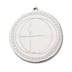 304 Stainless Steel Pendants, Flat Round with Chalice Charm, Stainless Steel Color, 38x35x1.5mm, Hole: 1.8mm(STAS-C176-03P)
