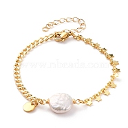 Natural Baroque Pearl Keshi Pearl Link Bracelets, with  Brass Curb Chains, 304 Stainless Steel Lobster Claw Clasps and Flat Round Charms, White, Real 18K Gold Plated, 7-1/2 inch(19cm)(BJEW-JB05803-02)