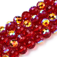 Transparent Electroplate Glass Beads Strands, Faceted, Half AB Color Plated, Round, FireBrick, 8x7~7.5mm, Hole: 1.0mm, about 71~72 pcs/strand, 20.20~21.85 inch(51.3~55.5cm)(EGLA-N012-001-B02)