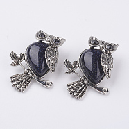 Synthetic Blue Goldstone Pendants, with Alloy Finding, Owl, Antique Silver, 46.5x35.5x11.5mm, Hole: 6x8.5mm(G-E442-01U)